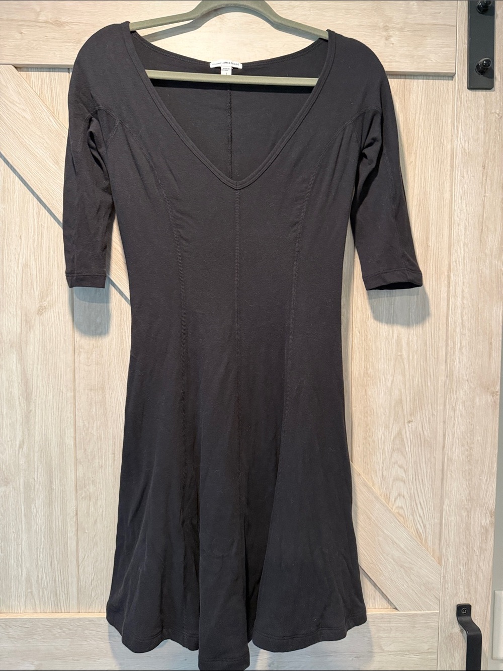 James Perse Black V-Neck Midi Fit-and-Flare Dress